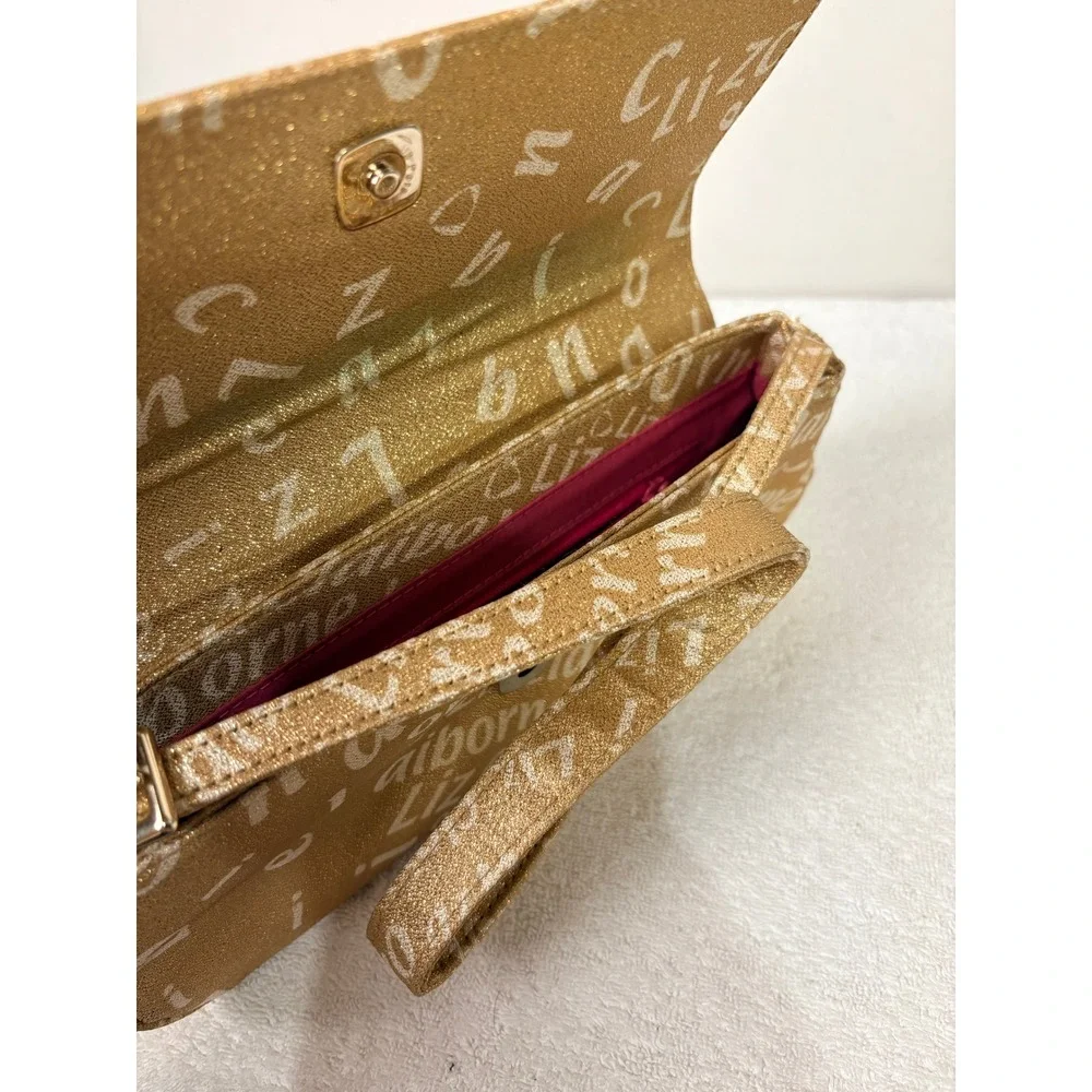 Liz Claiborne Gold‎ Sequins Logo Print Clutch Wallet Evening Bag